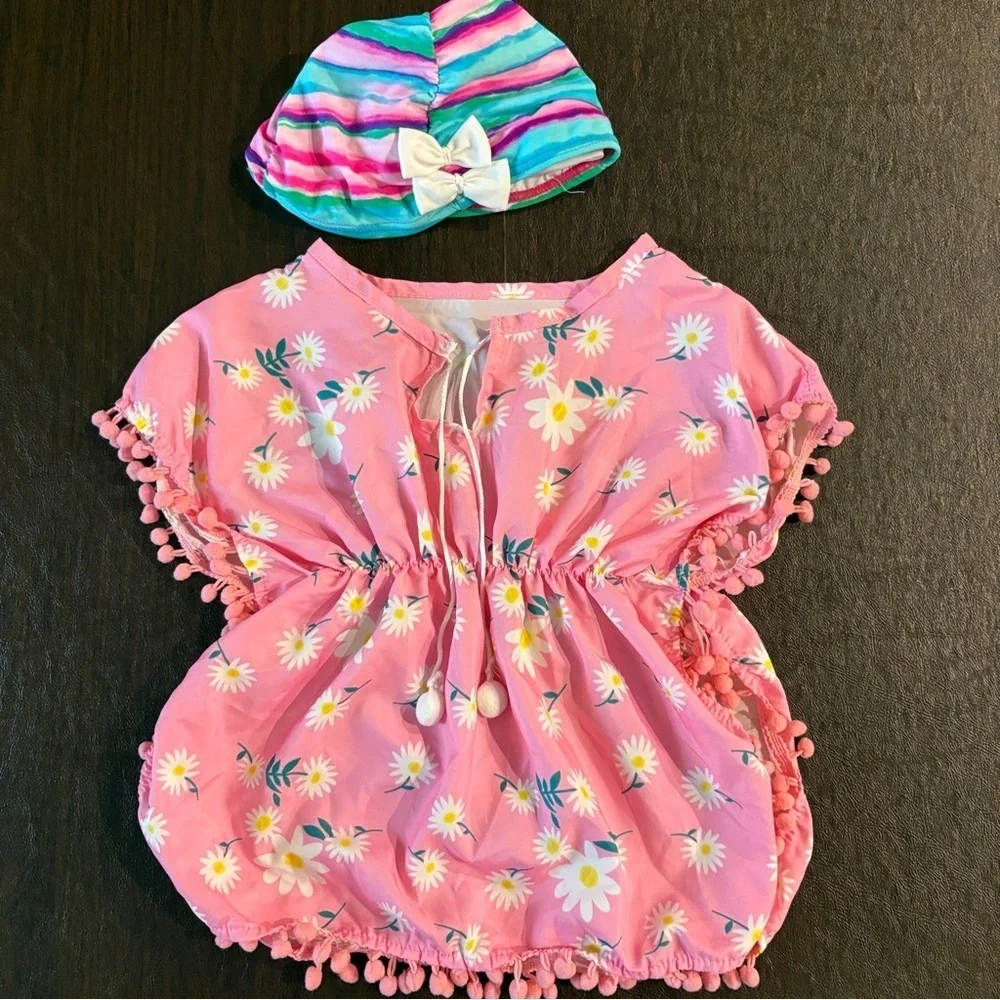 Baby Pink Floral Swim Coverup and Swimcap